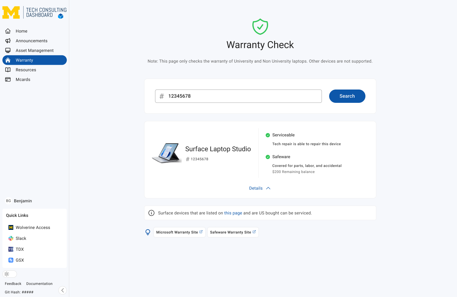 Tech Consulting Dashboard Warranty